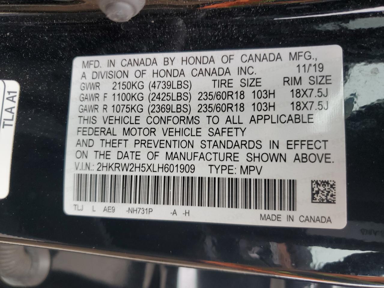 2020 Honda Cr-V Ex VIN: 2HKRW2H5XLH601909 Lot: 83809035