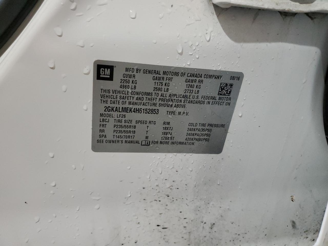 2017 GMC Terrain Sle VIN: 2GKALMEK4H6152853 Lot: 93535205