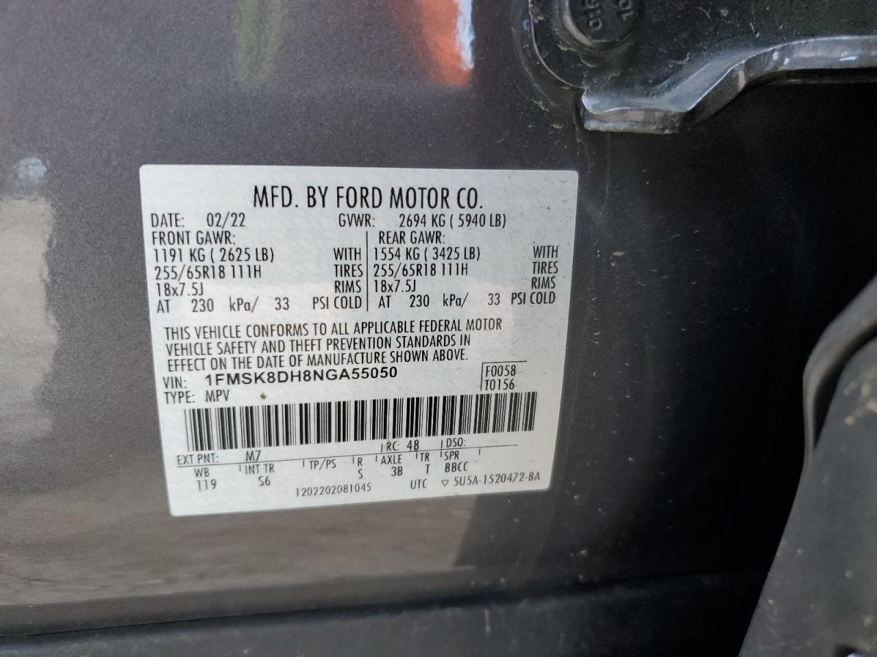 2022 Ford Explorer Xlt VIN: 1FMSK8DH8NGA55050 Lot: 84248875