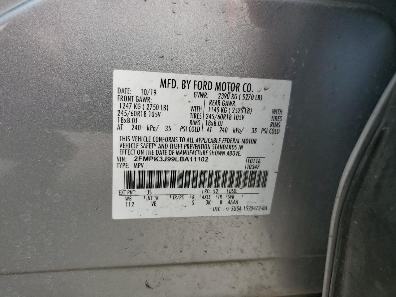 2020 Ford Edge Sel VIN: 2FMPK3J99LBA11102 Lot: 84460745