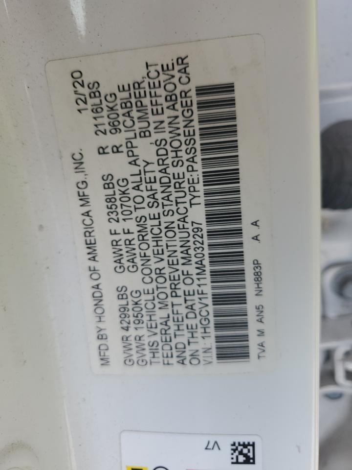 2021 Honda Accord Lx VIN: 1HGCV1F11MA032297 Lot: 71411575