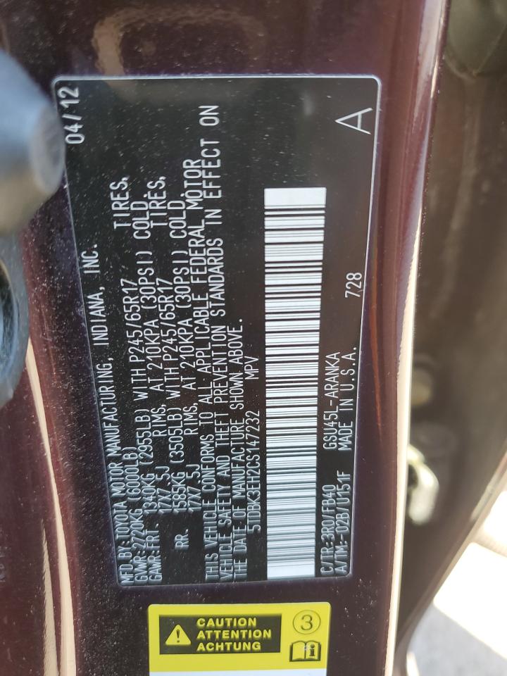 2012 Toyota Highlander Base VIN: 5TDBK3EH2CS147232 Lot: 70760805