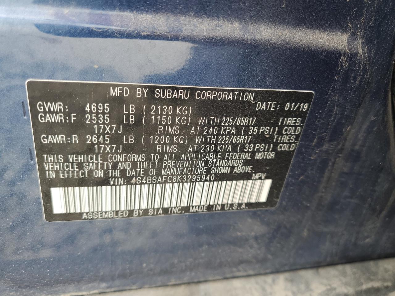 2019 Subaru Outback 2.5I Premium VIN: 4S4BSAFC8K3295940 Lot: 81515035