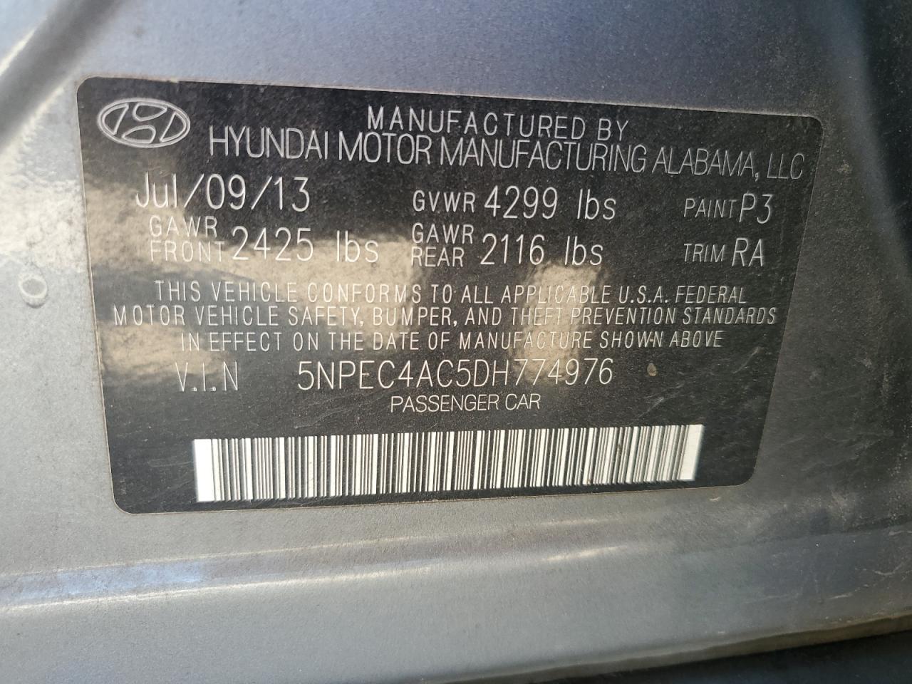 2013 Hyundai Sonata Se VIN: 5NPEC4AC5DH774976 Lot: 81314225