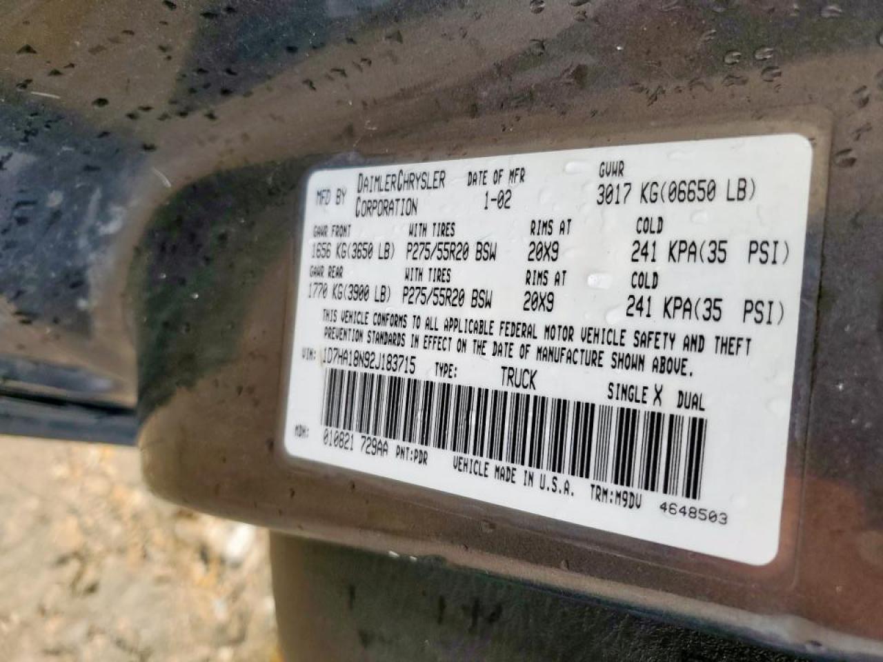 2002 Dodge Ram 1500 VIN: 1D7HA18N92J183715 Lot: 84000595