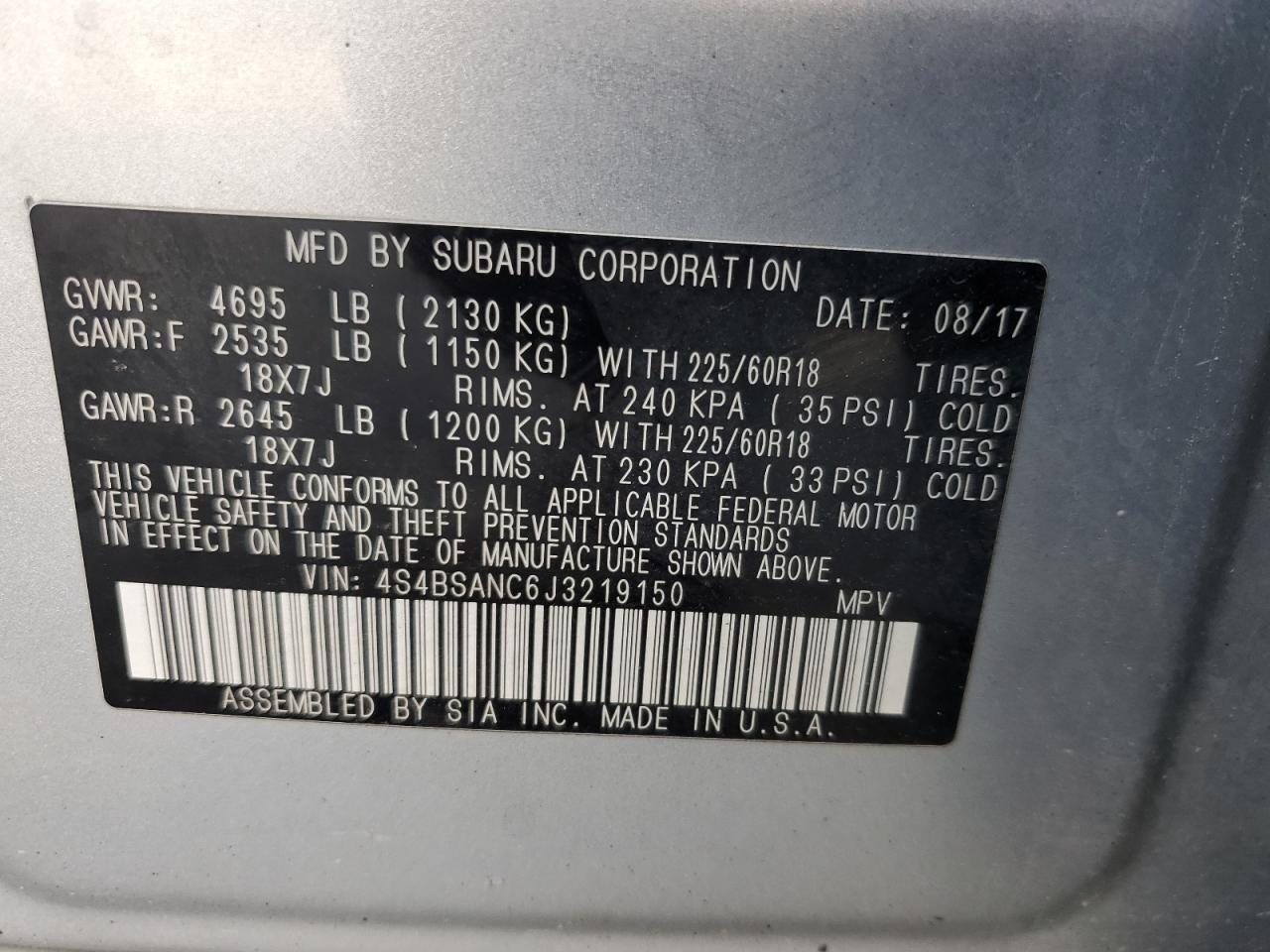 2018 Subaru Outback 2.5I Limited VIN: 4S4BSANC6J3219150 Lot: 71657315