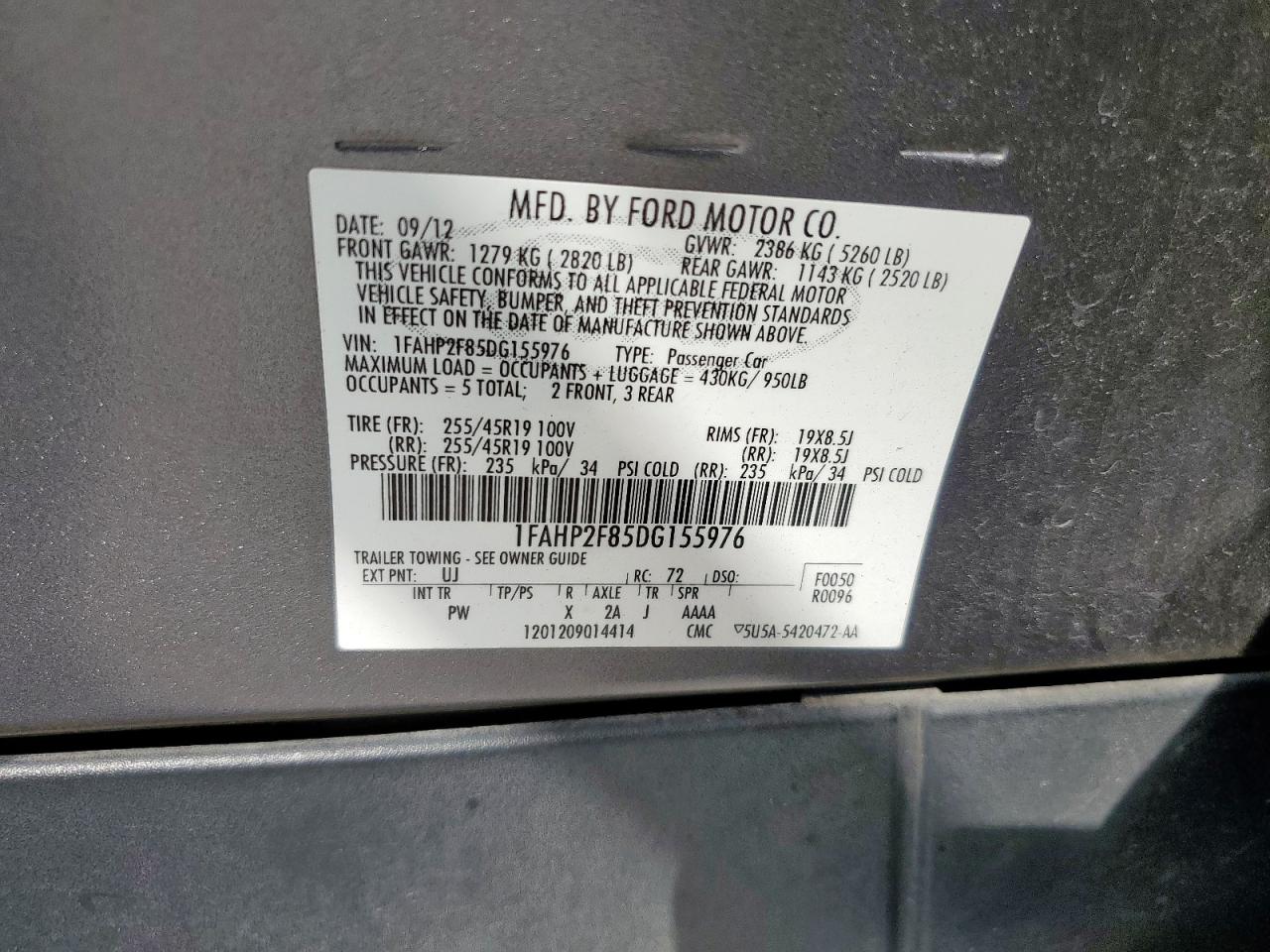 2013 Ford Taurus Limited VIN: 1FAHP2F85DG155976 Lot: 84547315