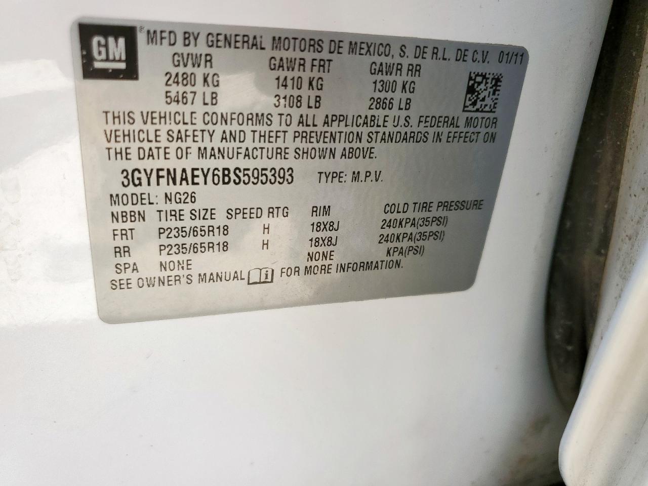 2011 Cadillac Srx Luxury Collection VIN: 3GYFNAEY6BS595393 Lot: 71915145