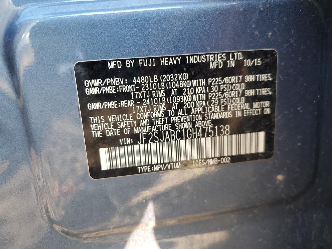 2016 Subaru Forester 2.5I VIN: JF2SJABC1GH475138 Lot: 80466645