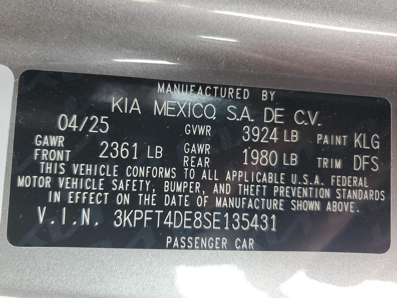 2025 Kia K4 Lx VIN: 3KPFT4DE8SE135431 Lot: 84737325