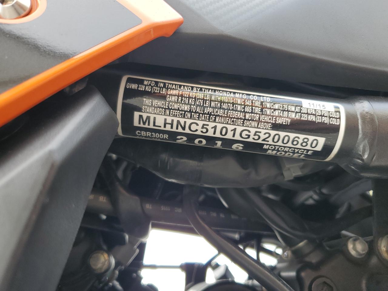 2016 Honda Cbr300 R VIN: MLHNC5101G5200680 Lot: 84466075