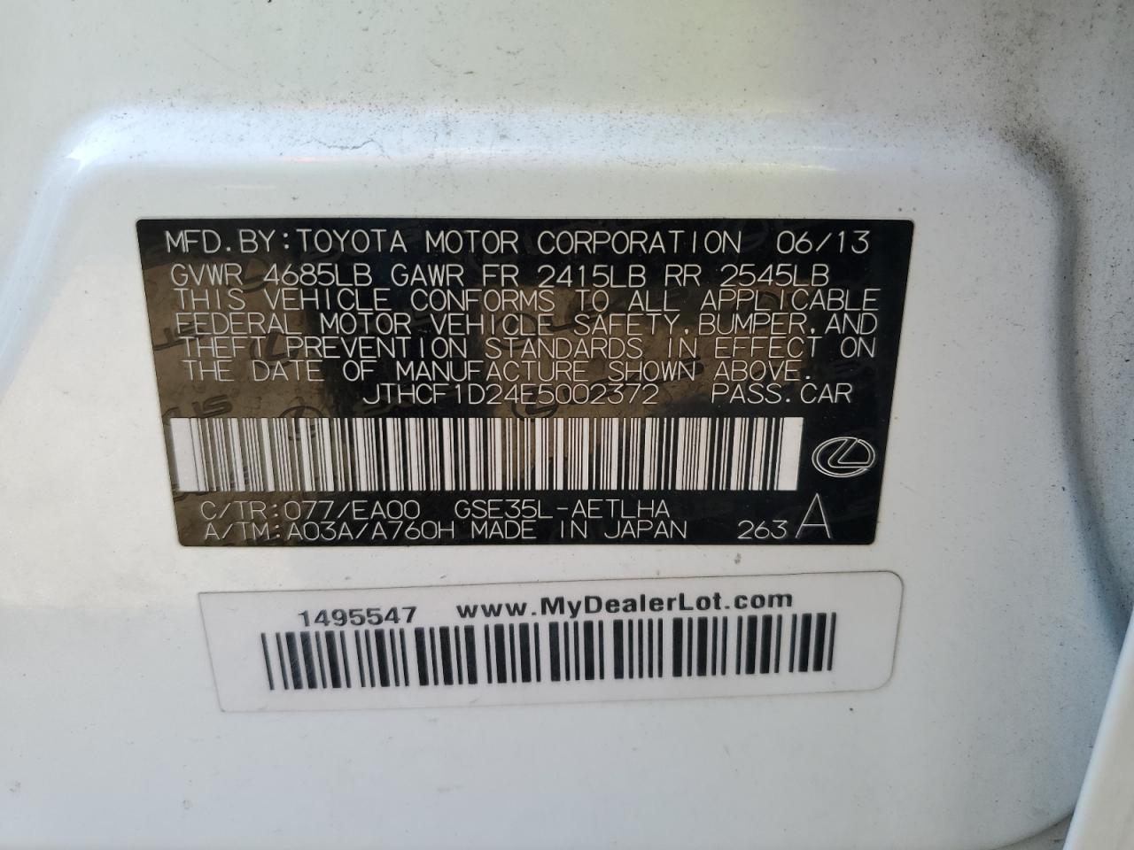 2014 Lexus Is 250 VIN: JTHCF1D24E5002372 Lot: 81800705