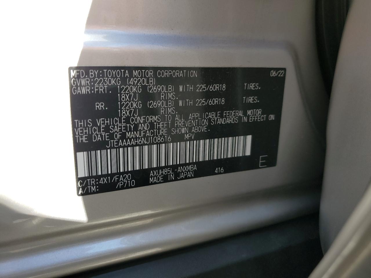 2022 Toyota Venza Le VIN: JTEAAAAH6NJ108616 Lot: 80313715