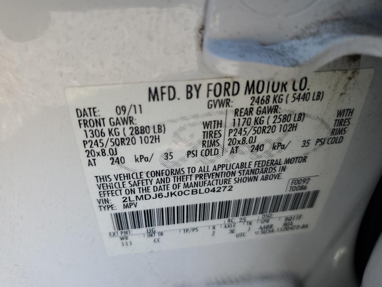 2012 Lincoln Mkx VIN: 2LMDJ6JK0CBL04272 Lot: 80477095