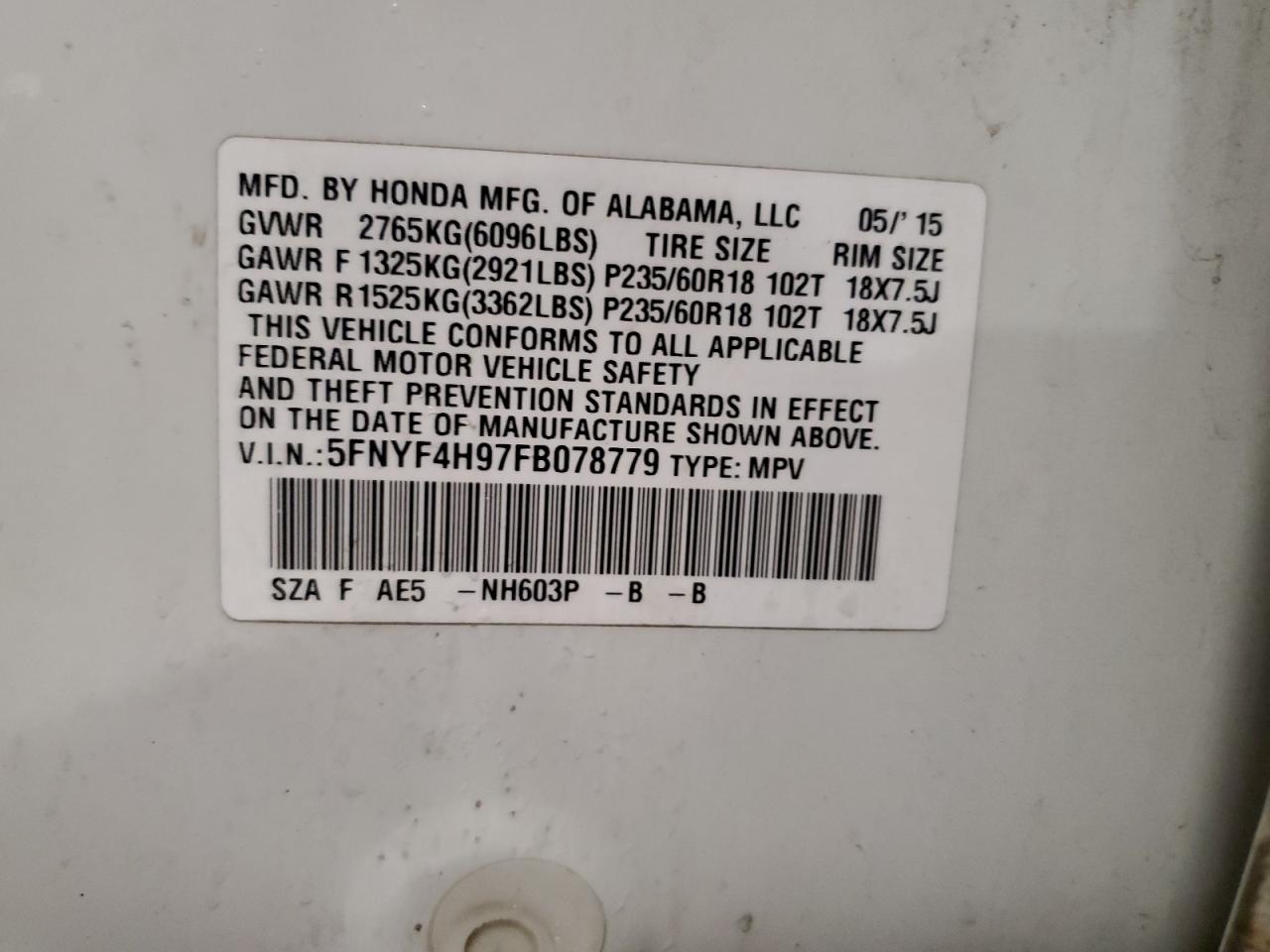 2015 Honda Pilot Touring VIN: 5FNYF4H97FB078779 Lot: 84368785