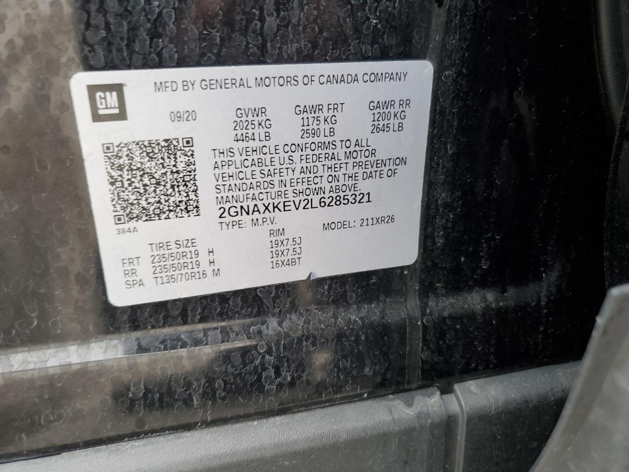 2020 Chevrolet Equinox Lt VIN: 2GNAXKEV2L6285321 Lot: 83754165