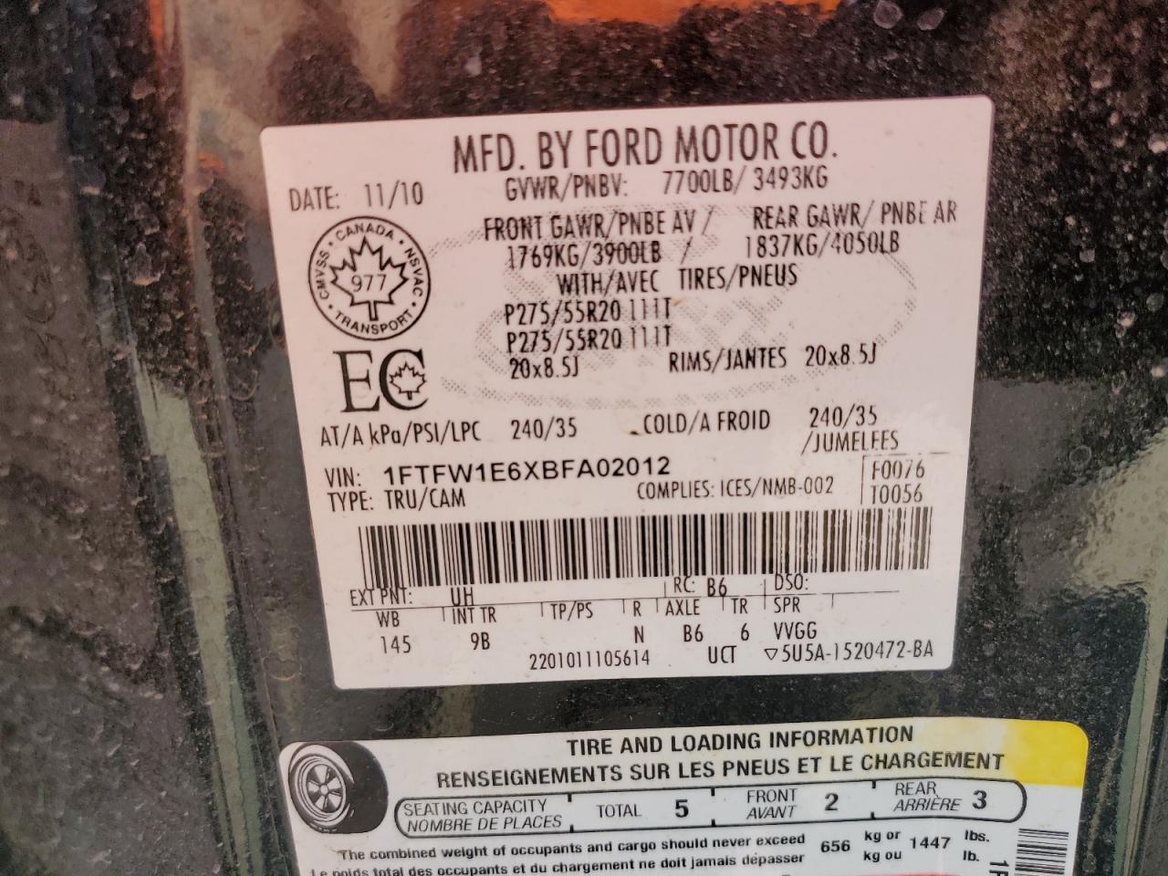 2011 Ford F150 Supercrew VIN: 1FTFW1E6XBFA02012 Lot: 80402525