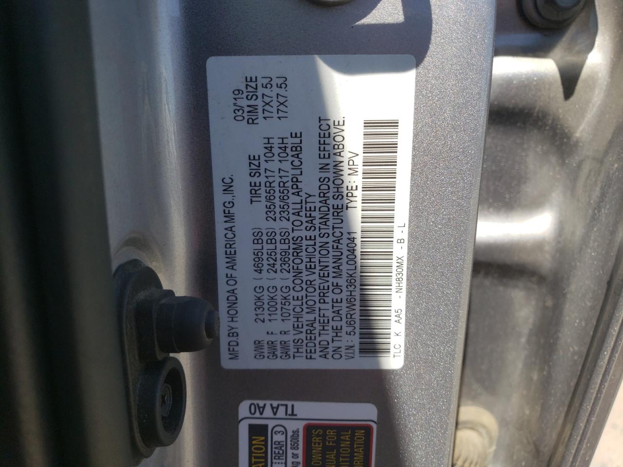 2019 Honda Cr-V Lx VIN: 5J6RW6H36KL004041 Lot: 71914355