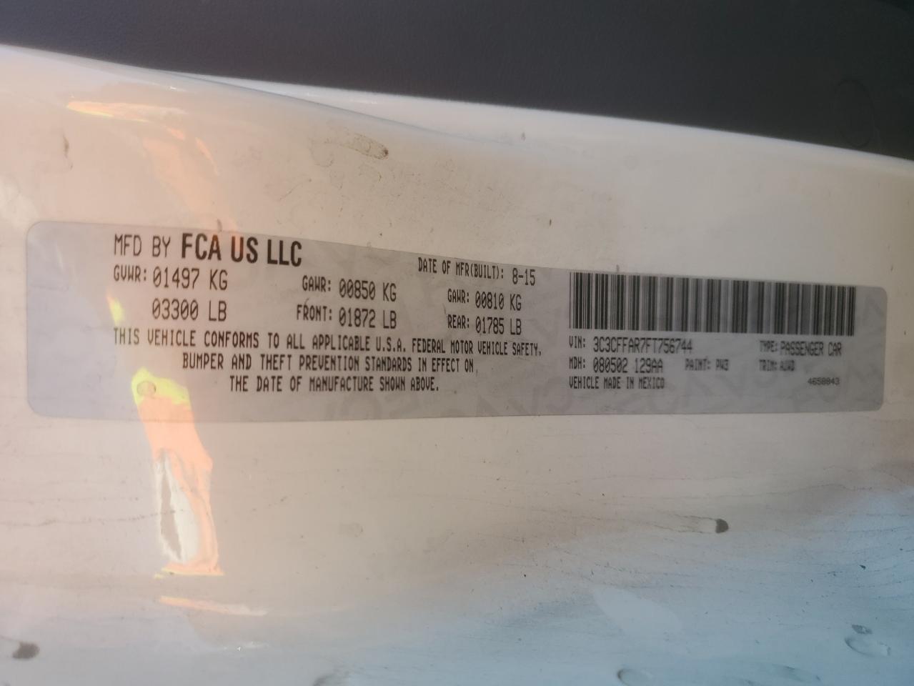 2015 Fiat 500 Pop VIN: 3C3CFFAR7FT756744 Lot: 80151825