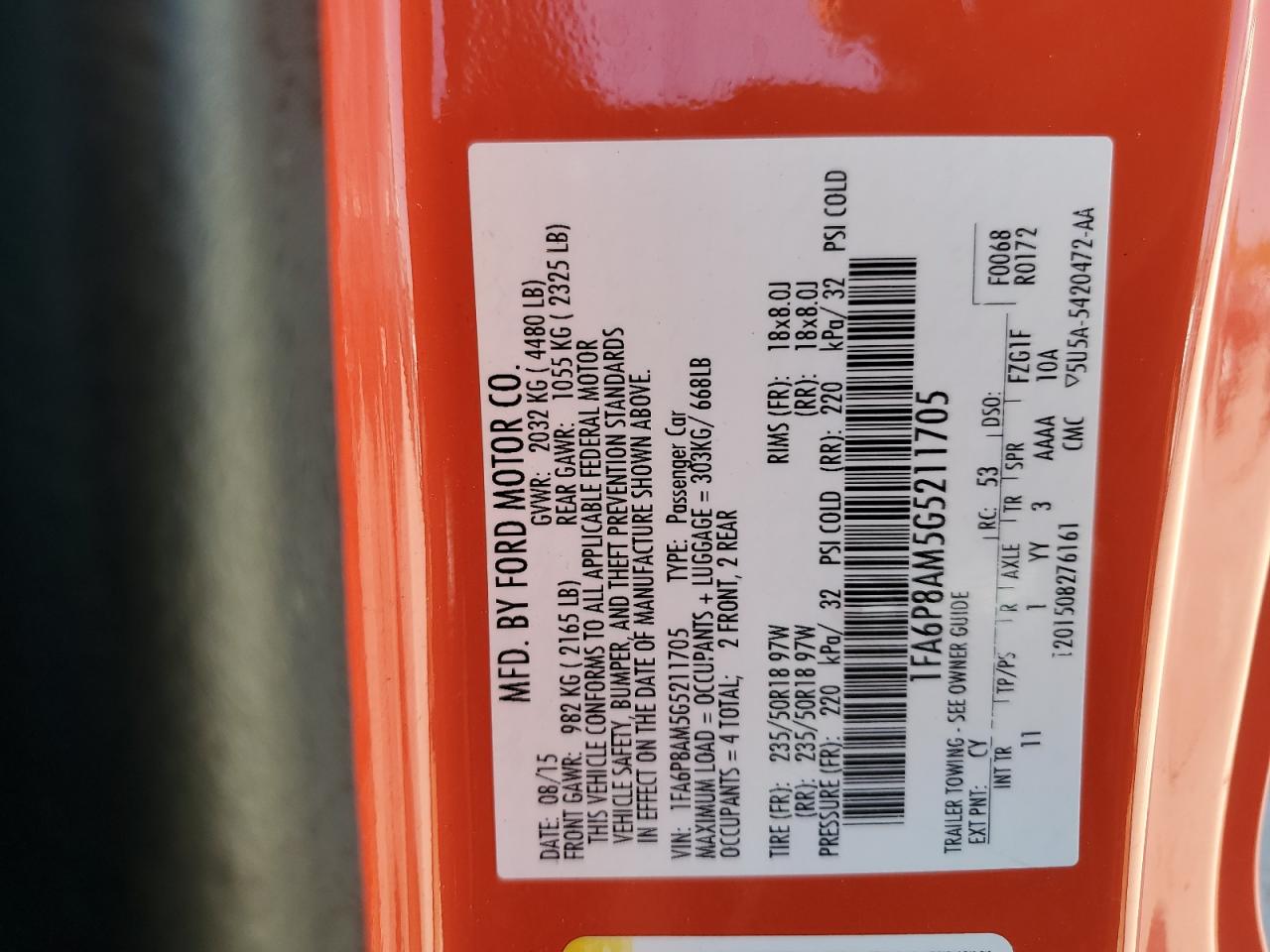 2016 Ford Mustang VIN: 1FA6P8AM5G5211705 Lot: 81106835