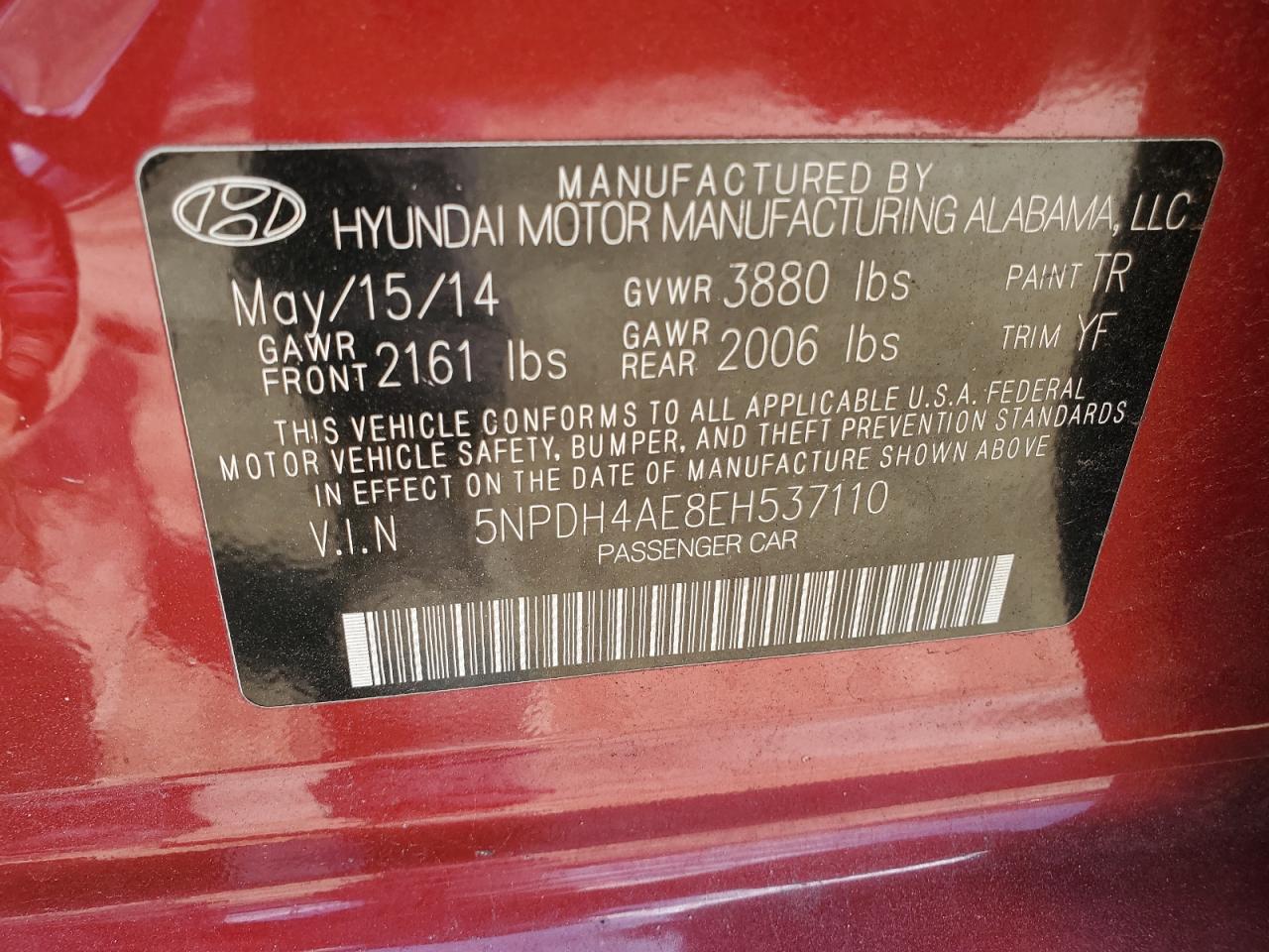 2014 Hyundai Elantra Se VIN: 5NPDH4AE8EH537110 Lot: 80722535