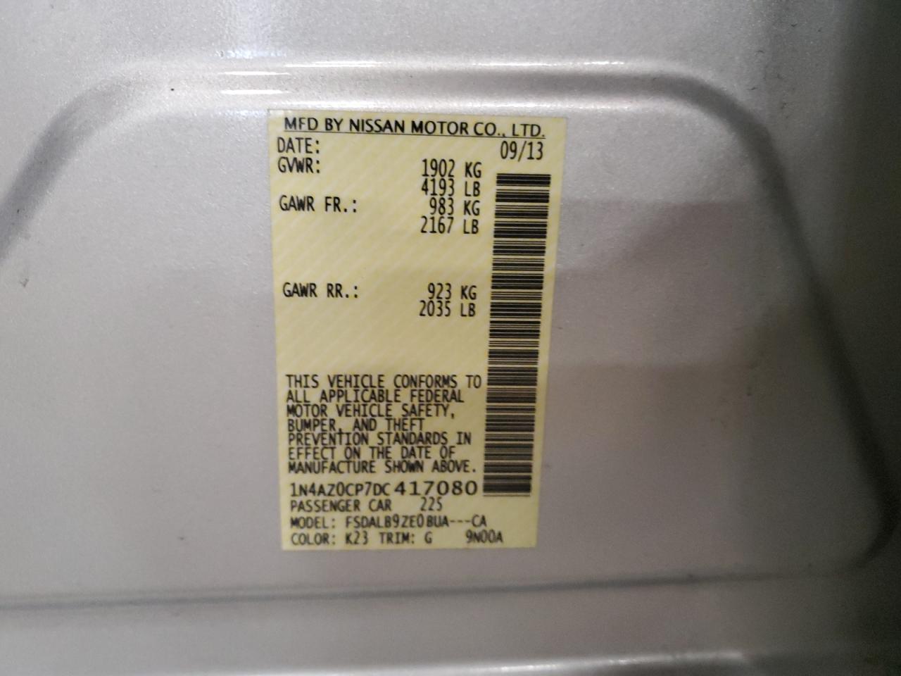 2013 Nissan Leaf S VIN: 1N4AZ0CP7DC417080 Lot: 72005055
