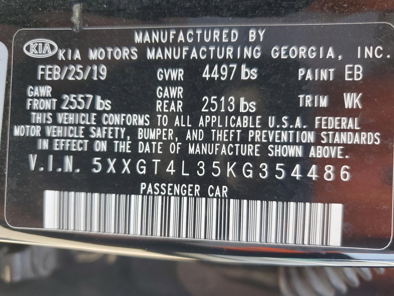 2019 Kia Optima Lx VIN: 5XXGT4L35KG354486 Lot: 81235225