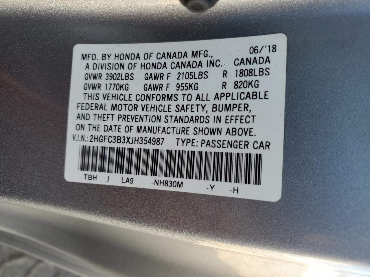 2018 Honda Civic Ex VIN: 2HGFC3B3XJH354987 Lot: 84005505