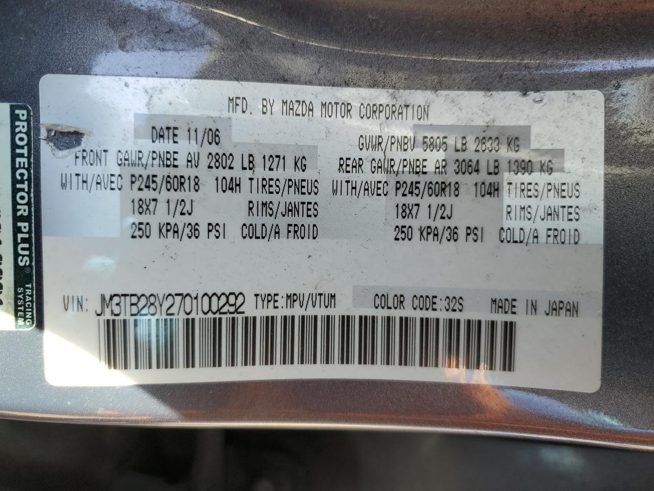 2007 Mazda Cx-9 VIN: JM3TB28Y270100292 Lot: 82036325