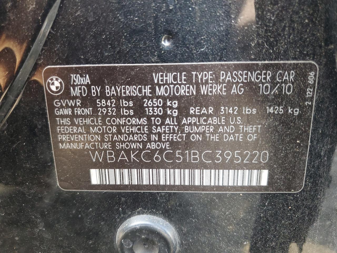 2011 BMW 750 Xi VIN: WBAKC6C51BC395220 Lot: 81702995