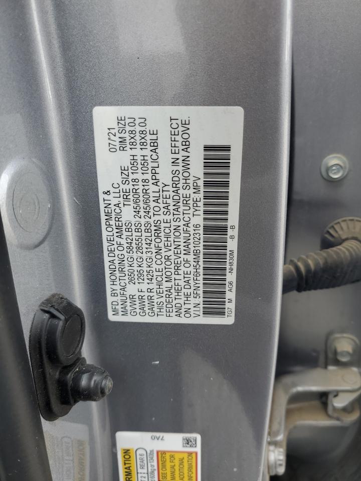 2021 Honda Pilot Exl VIN: 5FNYF6H54MB102316 Lot: 71459855