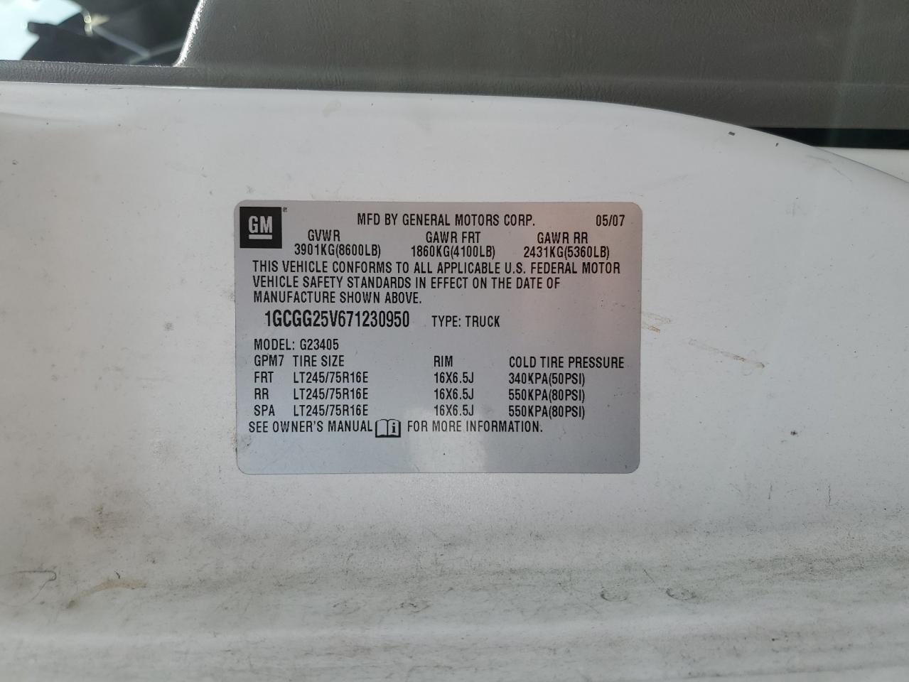 2007 Chevrolet Express G2500 VIN: 1GCGG25V671230950 Lot: 70823065