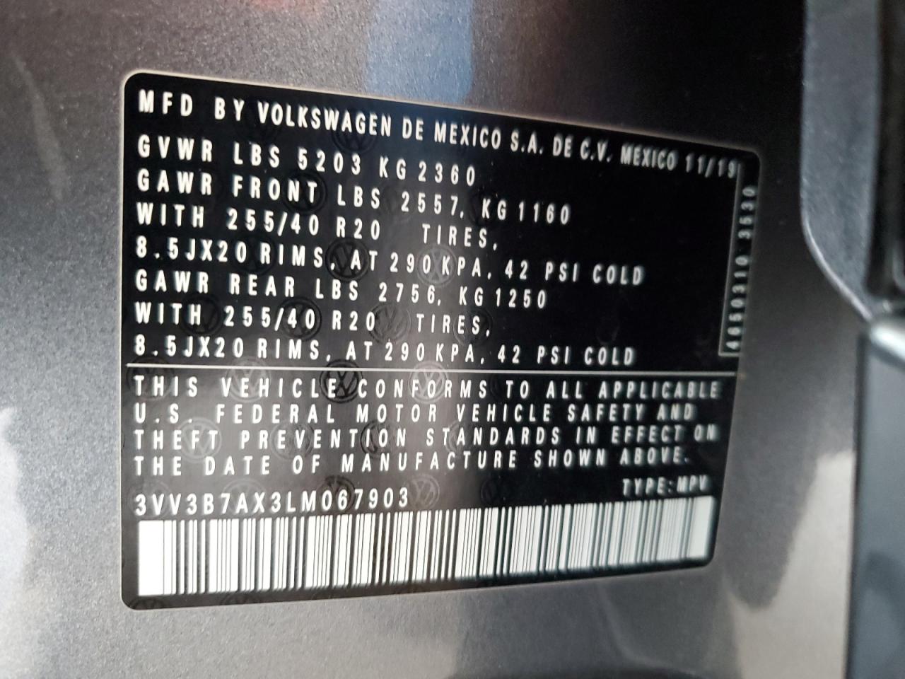 2020 Volkswagen Tiguan Se VIN: 3VV3B7AX3LM067903 Lot: 81163625