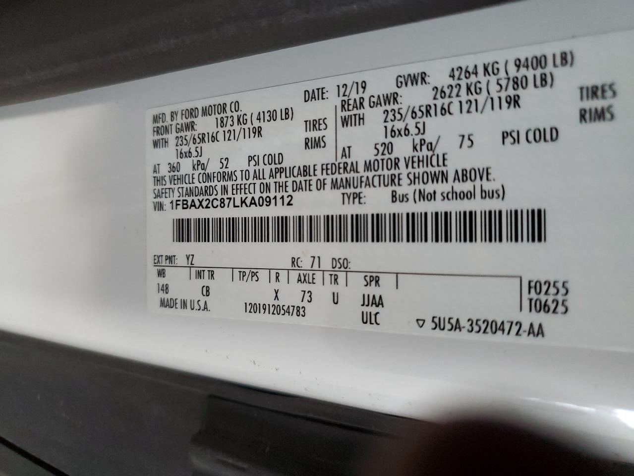 2020 Ford Transit T-350 VIN: 1FBAX2C87LKA09112 Lot: 80915835