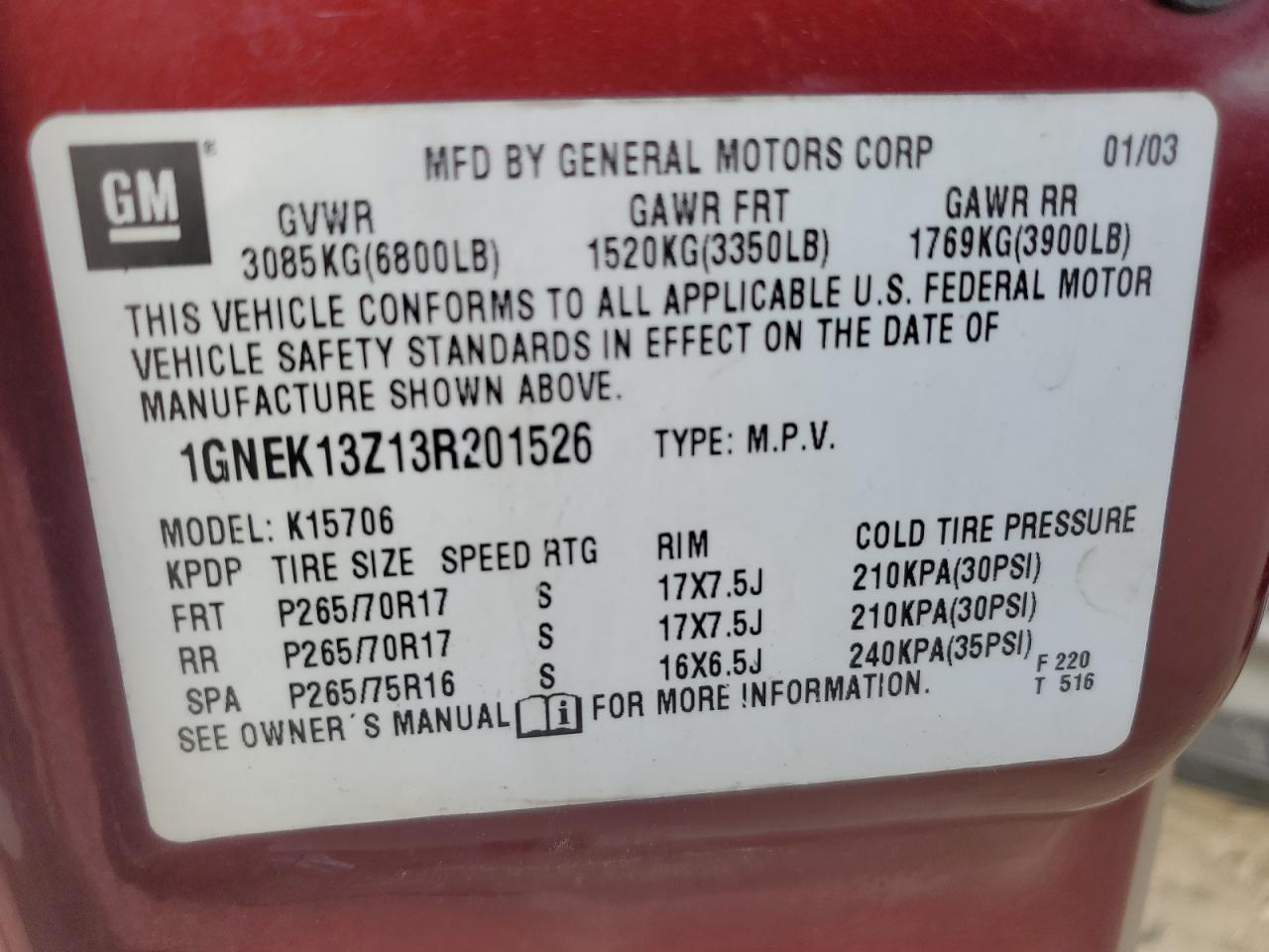 2003 Chevrolet Tahoe K1500 VIN: 1GNEK13Z13R201526 Lot: 80503925