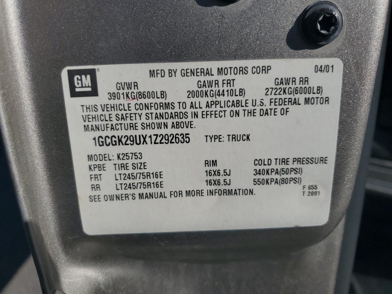 2001 Chevrolet Silverado K2500 VIN: 1GCGK29UX1Z292635 Lot: 81832065
