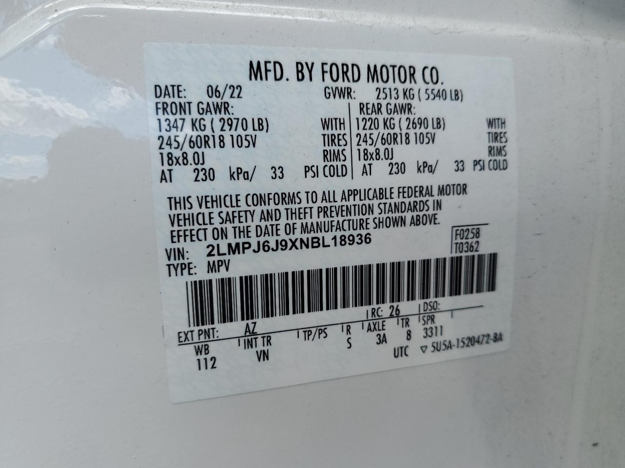 2022 Lincoln Nautilus VIN: 2LMPJ6J9XNBL18936 Lot: 84810575