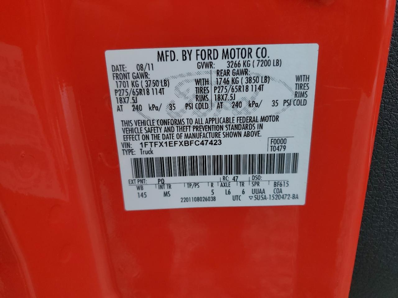 2011 Ford F150 Super Cab VIN: 1FTFX1EFXBFC47423 Lot: 81029515