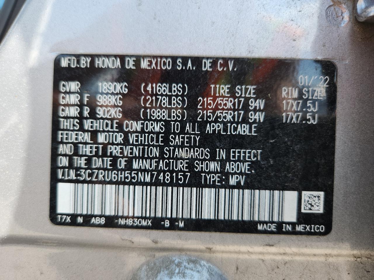 2022 Honda Hr-V Ex VIN: 3CZRU6H55NM748157 Lot: 71422535