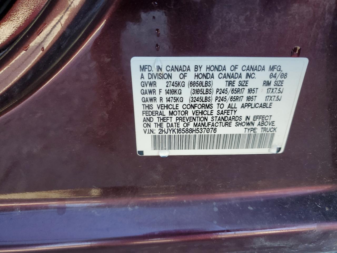 2008 Honda Ridgeline Rtl VIN: 2HJYK16588H537076 Lot: 84383985