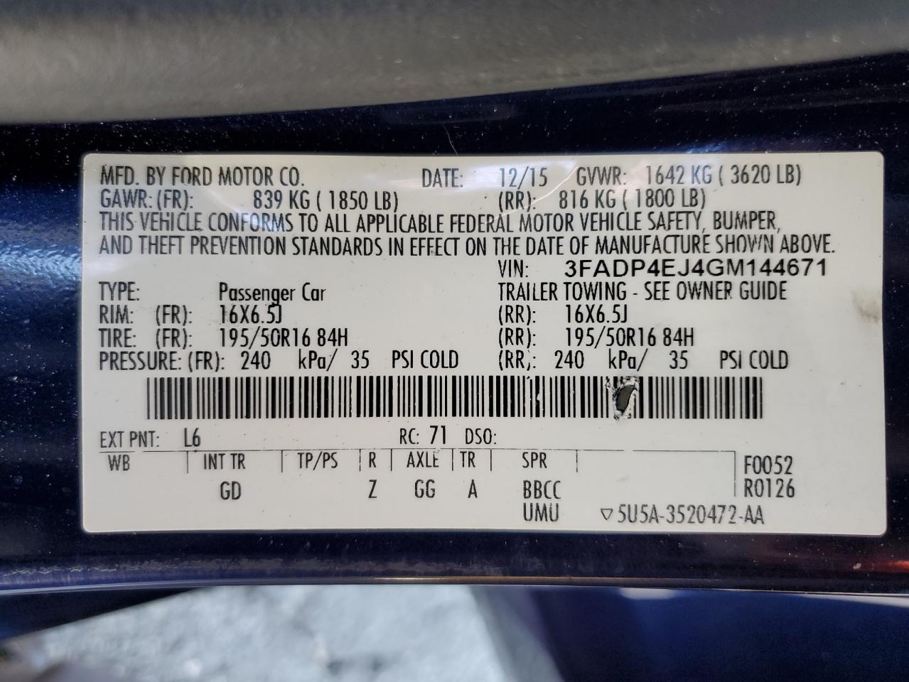 2016 Ford Fiesta Se VIN: 3FADP4EJ4GM144671 Lot: 80031735