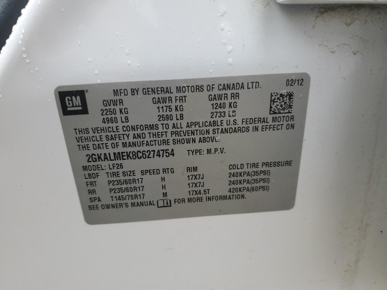 2012 GMC Terrain Sle VIN: 2GKALMEK8C6274754 Lot: 80696095