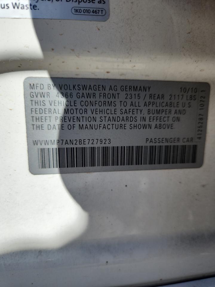2011 Volkswagen Cc Sport VIN: WVWMP7AN2BE727923 Lot: 80883625