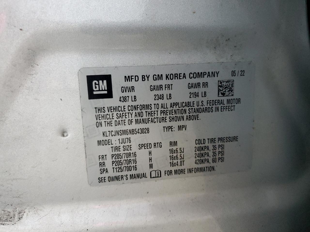 2022 Chevrolet Trax Ls VIN: KL7CJNSM6NB543028 Lot: 80616185