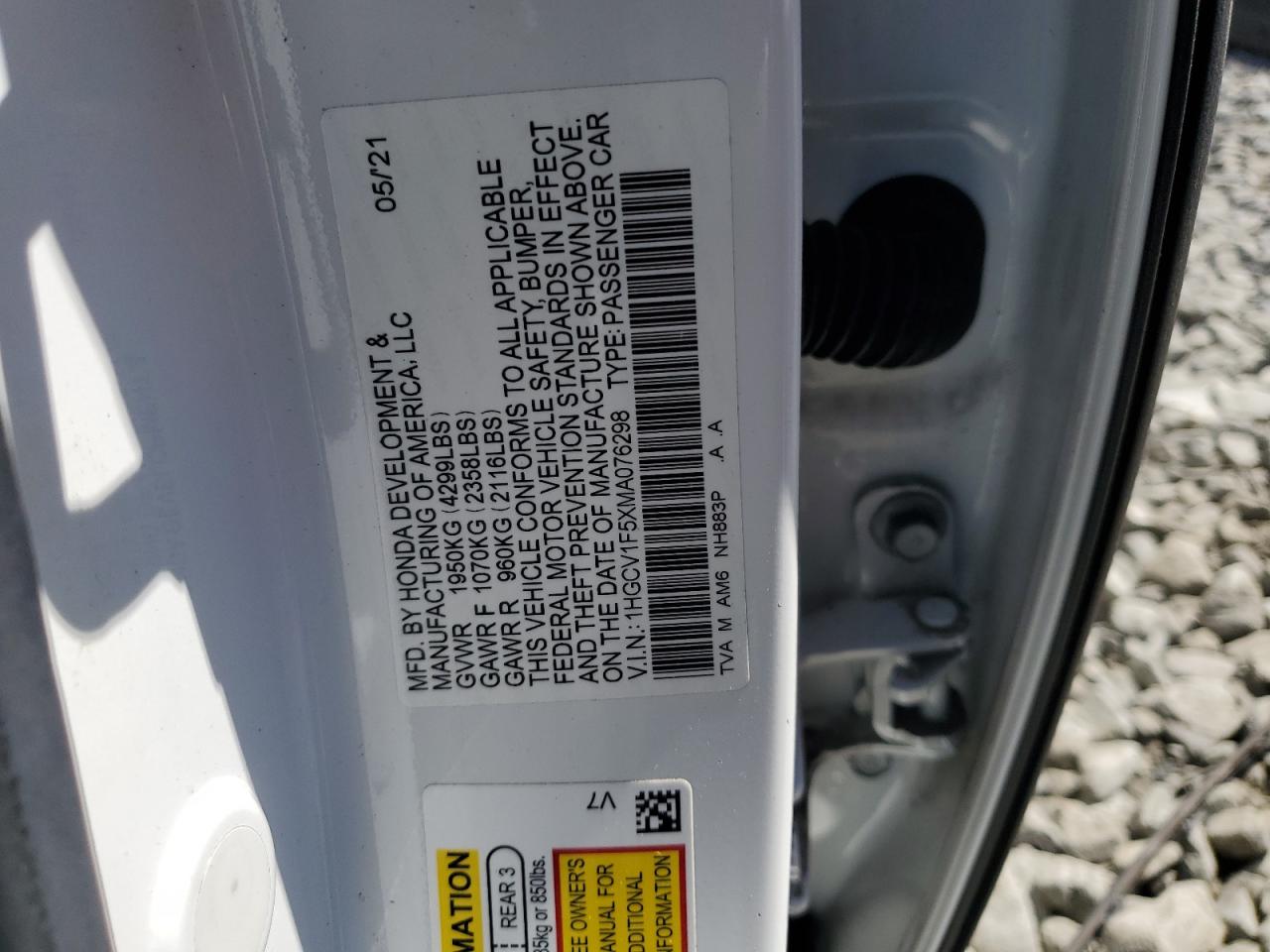 2021 Honda Accord Exl VIN: 1HGCV1F5XMA076298 Lot: 80262595