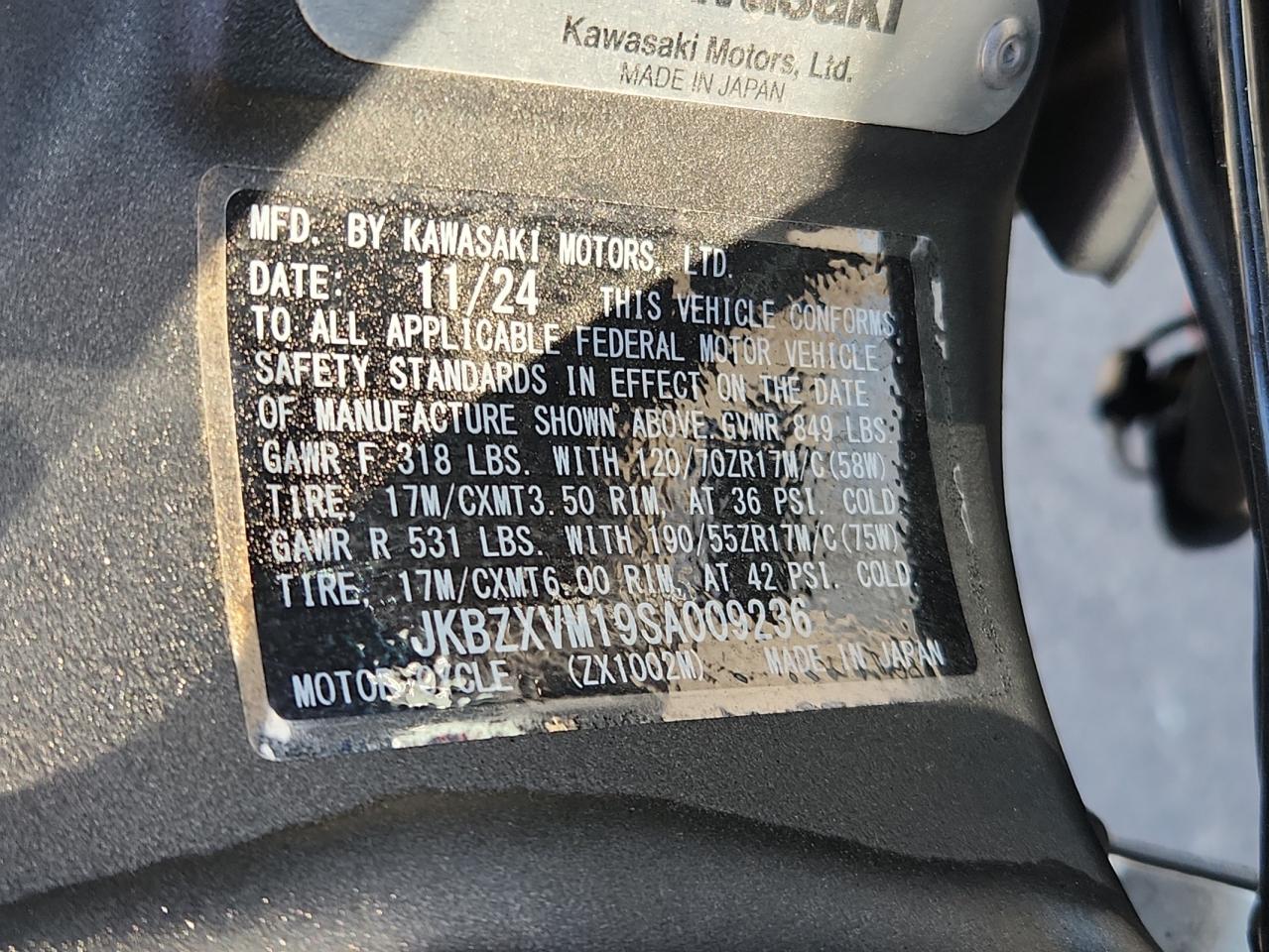 2025 Kawasaki Zx1002 M VIN: JKBZXVM19SA009236 Lot: 84195845