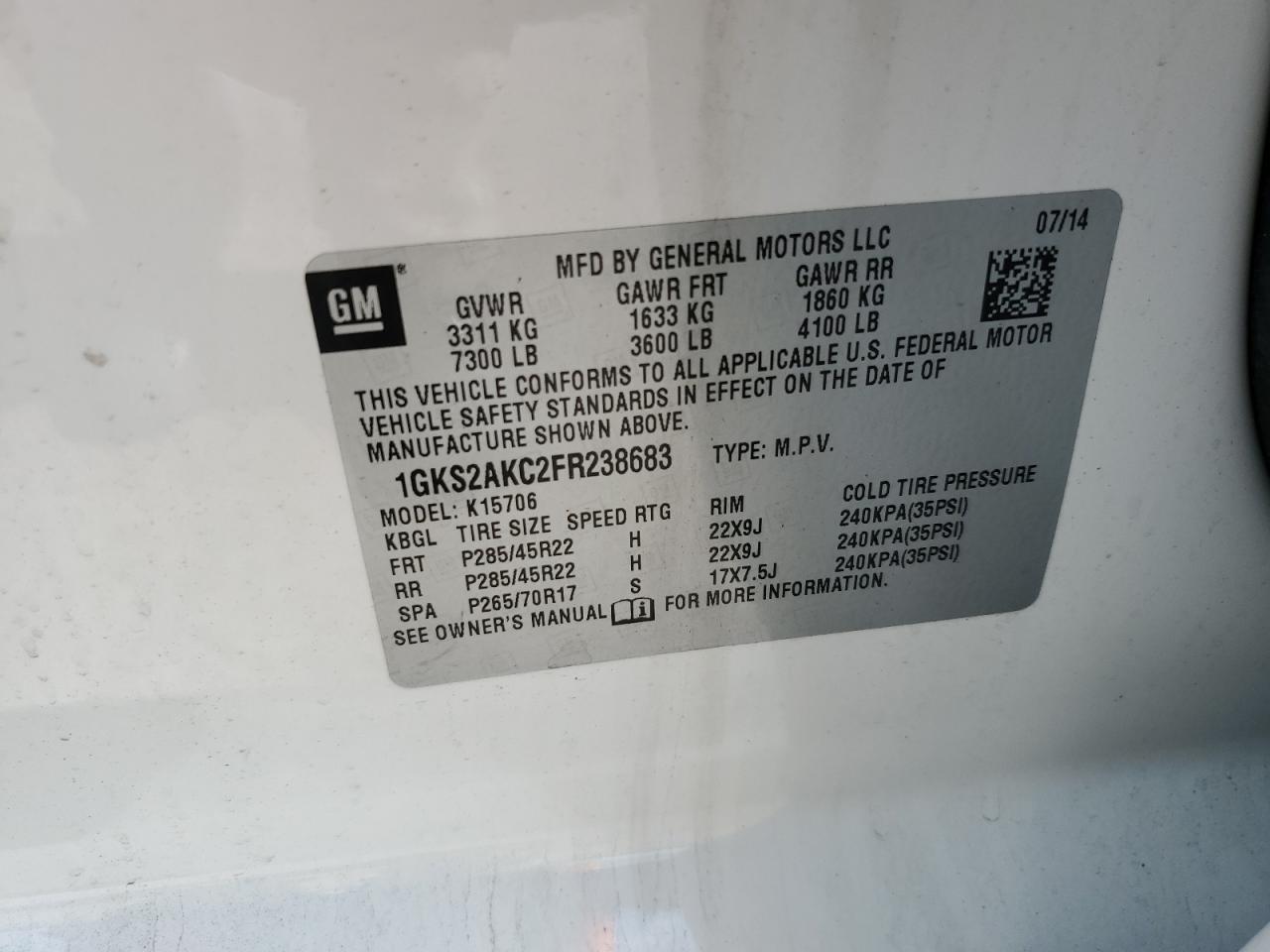 2015 GMC Yukon Sle VIN: 1GKS2AKC2FR238683 Lot: 84249305