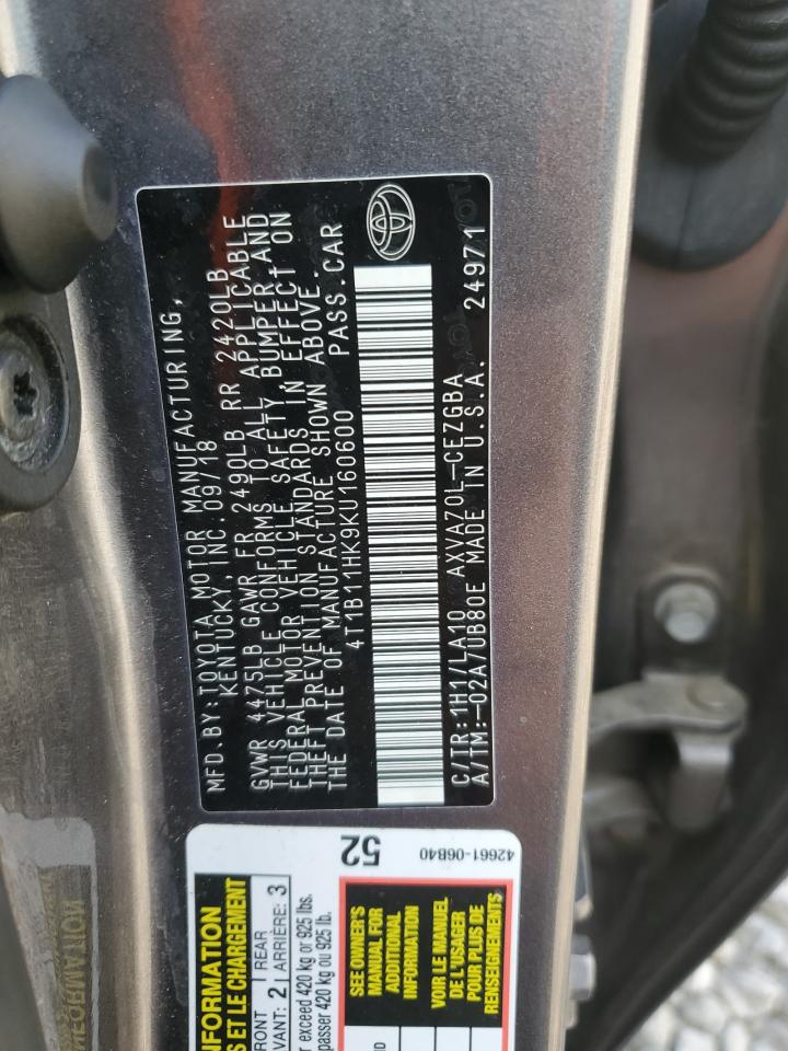 2019 Toyota Camry L VIN: 4T1B11HK9KU160600 Lot: 84594565