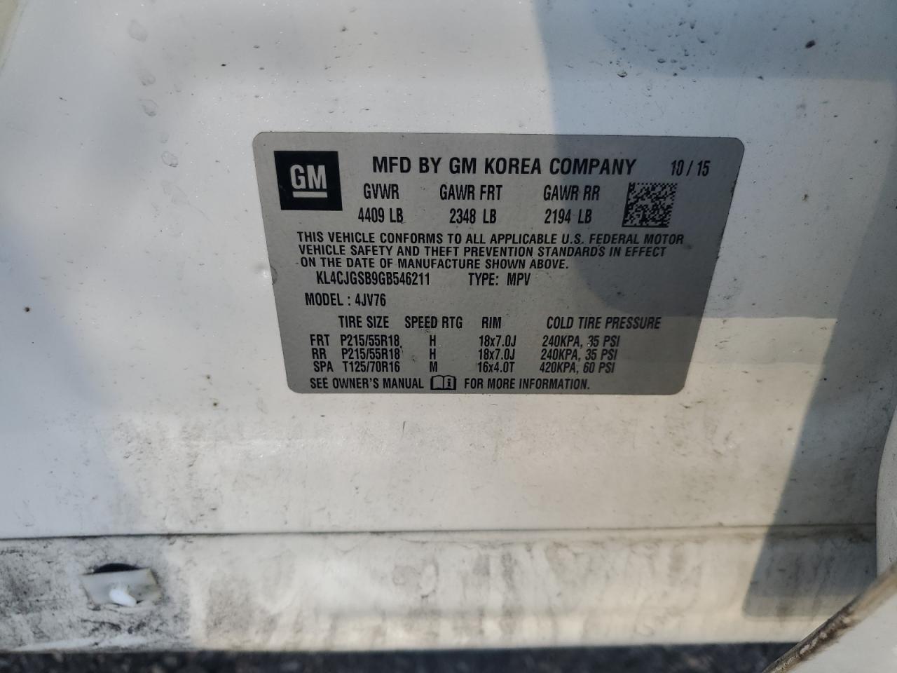 2016 Buick Encore VIN: KL4CJGSB9GB546211 Lot: 81401335