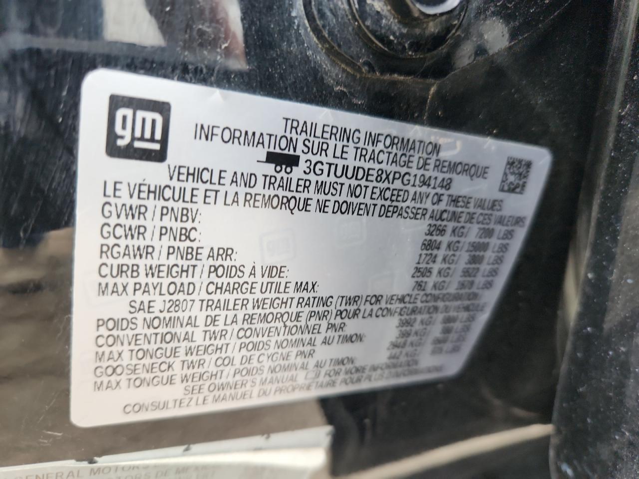 2023 GMC Sierra K1500 Slt VIN: 3GTUUDE8XPG194148 Lot: 81572025